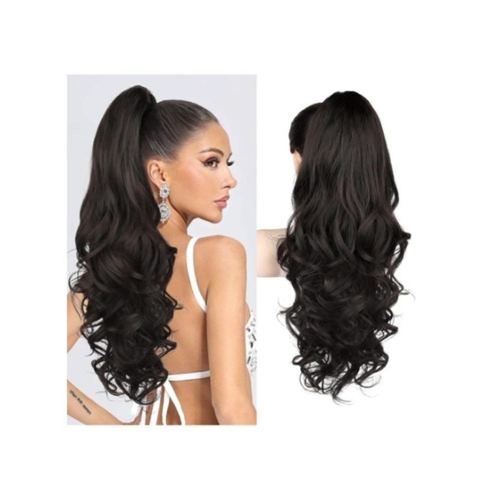 REECHO 24in Ponytail Extension Black Brown Wavy Synthetic Claw Clip Hairpiece